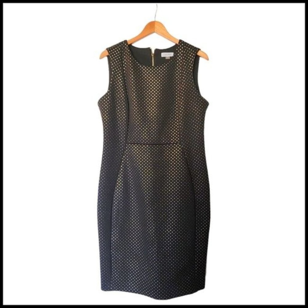 Calvin Klein Black Gold Embellished Sleeveless Sheath Dress Size 14
